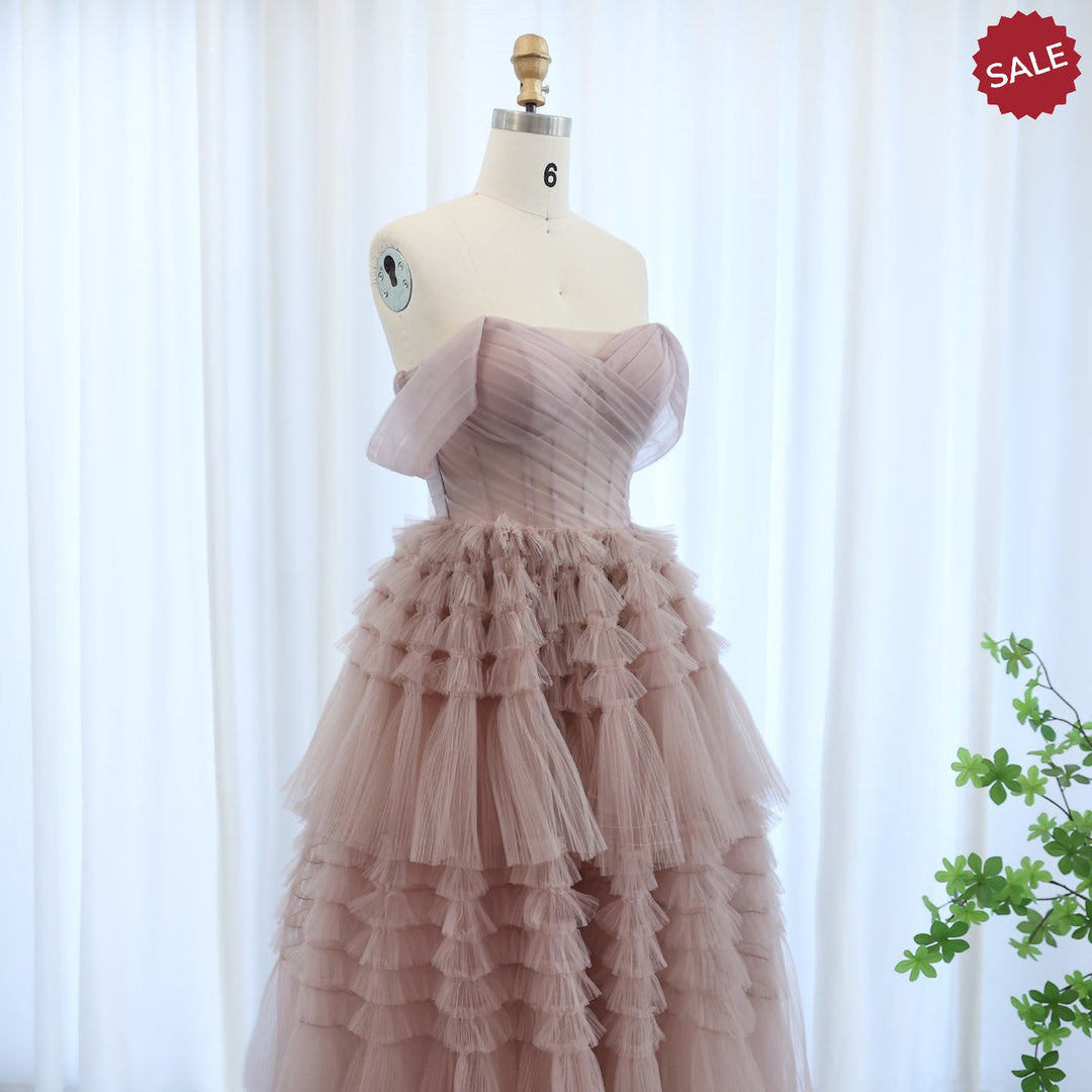 Blush Pink Off Shoulder Ruffles Evening Dress for Women Wedding SF087