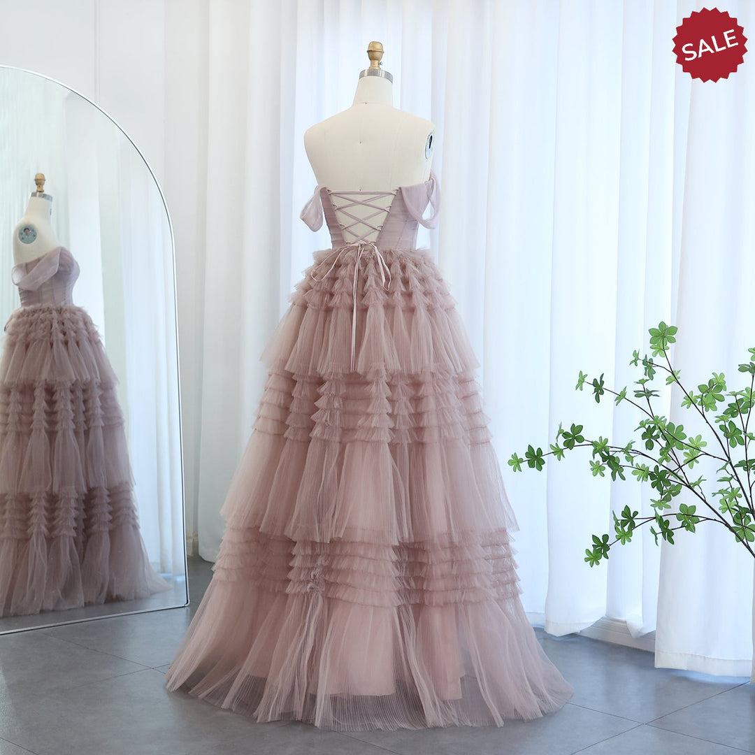 Blush Pink Off Shoulder Ruffles Evening Dress for Women Wedding Elegant Tiered Ball Gown Prom Party Desses 087 Pink / 8 Blush Pink Off Shoulder Ruffles Evening Dress for Women Wedding Elegant Tiered Ball Gown Prom Party Desses 087 Pink / 8