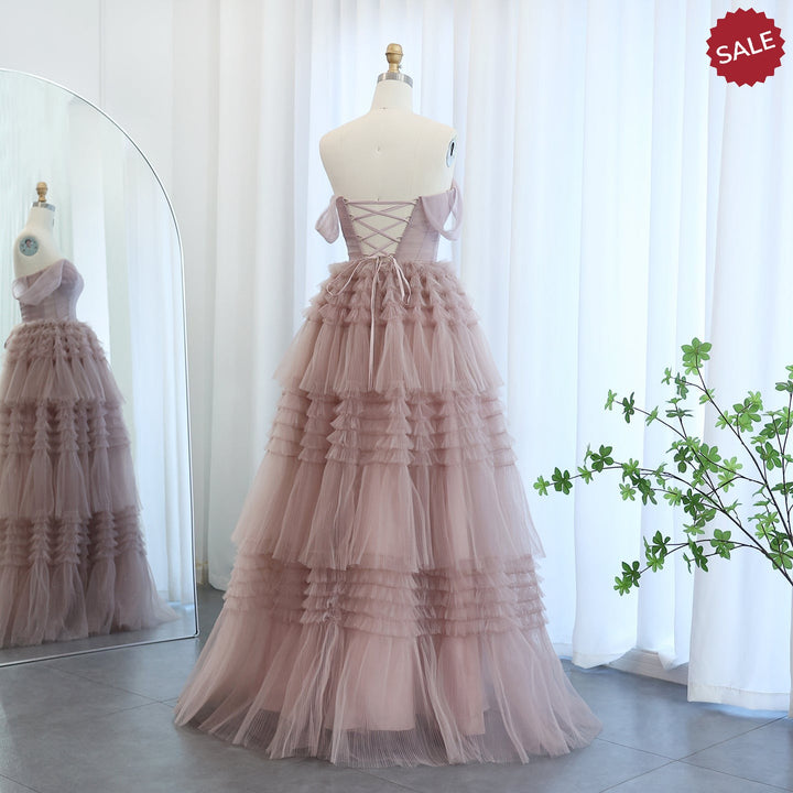 Blush Pink Off Shoulder Ruffles Evening Dress for Women Wedding SF087
