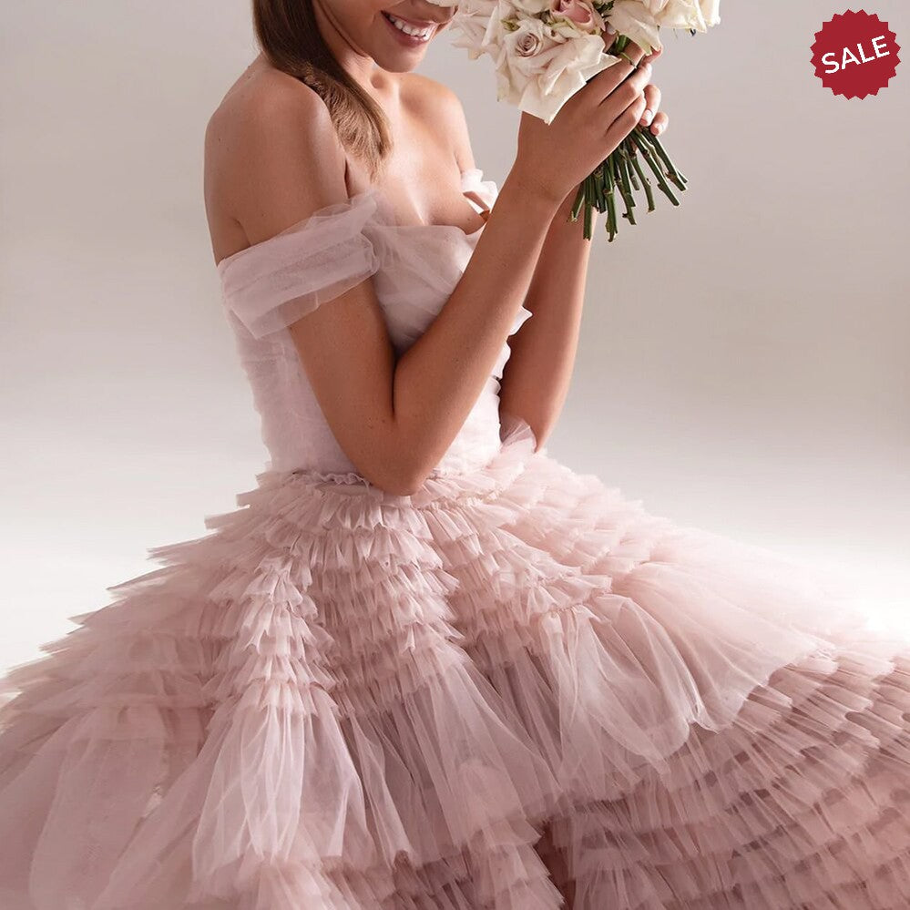 Blush Pink Off Shoulder Ruffles Evening Dress for Women Wedding Elegant Tiered Ball Gown Prom Party Desses 087 Pink / 8 Blush Pink Off Shoulder Ruffles Evening Dress for Women Wedding Elegant Tiered Ball Gown Prom Party Desses 087 Pink / 8