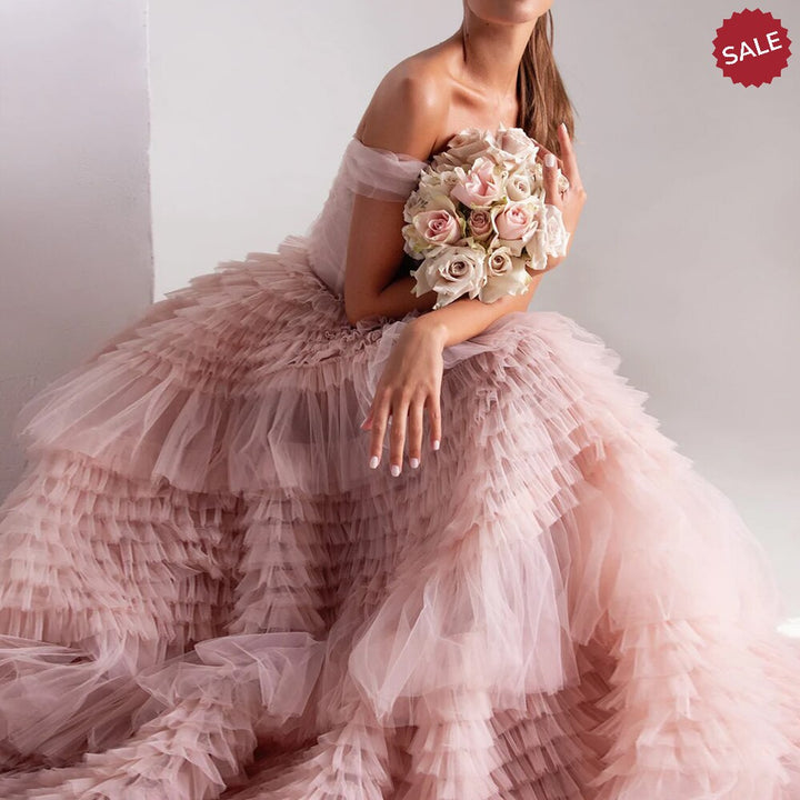 Blush Pink Off Shoulder Ruffles Evening Dress for Women Wedding SF087