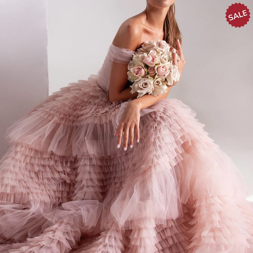 pink tulle dress womens Blush Pink Off Shoulder Ruffles Evening Dress for Women Wedding Elegant Tiered Ball Gown Prom Party Desses 087 Pink / 8