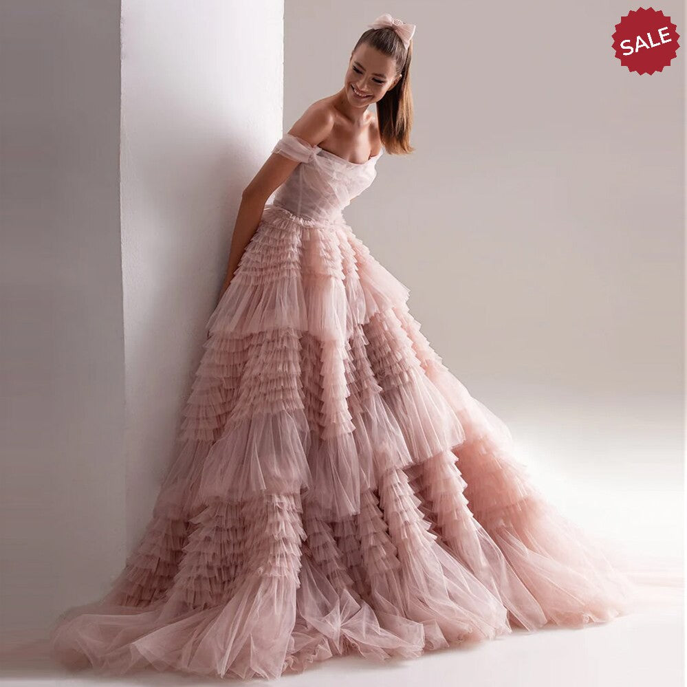 Blush Pink Off Shoulder Ruffles Evening Dress for Women Wedding Elegant Tiered Ball Gown Prom Party Desses 087 Pink / 8 Blush Pink Off Shoulder Ruffles Evening Dress for Women Wedding Elegant Tiered Ball Gown Prom Party Desses 087 Pink / 8