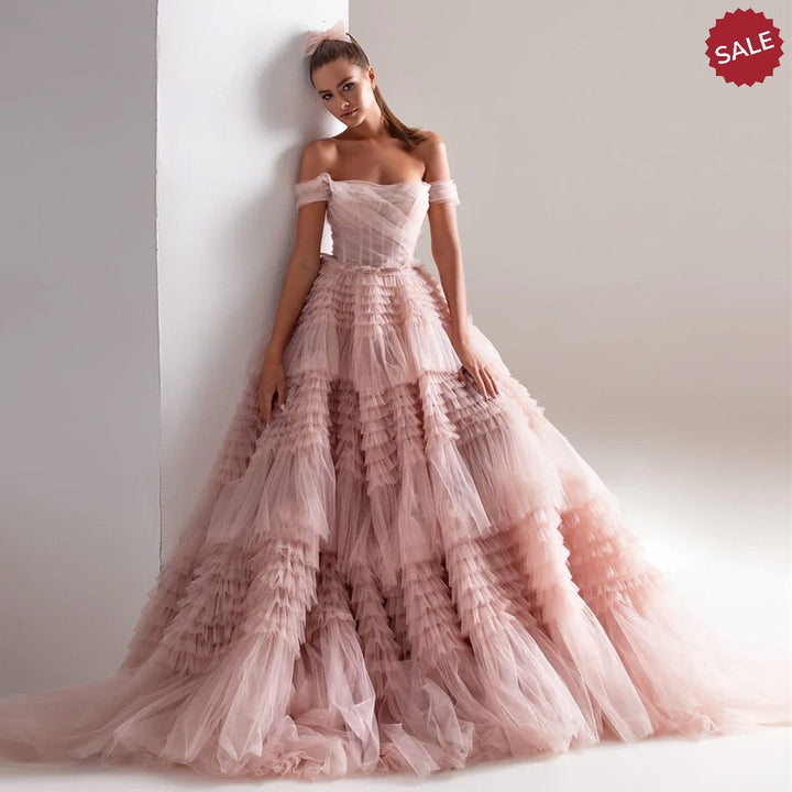 Blush Pink Off Shoulder Ruffles Evening Dress for Women Wedding SF087