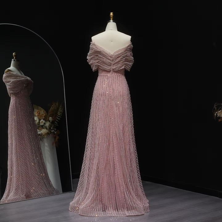 Blush Pink Off Shoulder Sparkly Evening Dress SS653