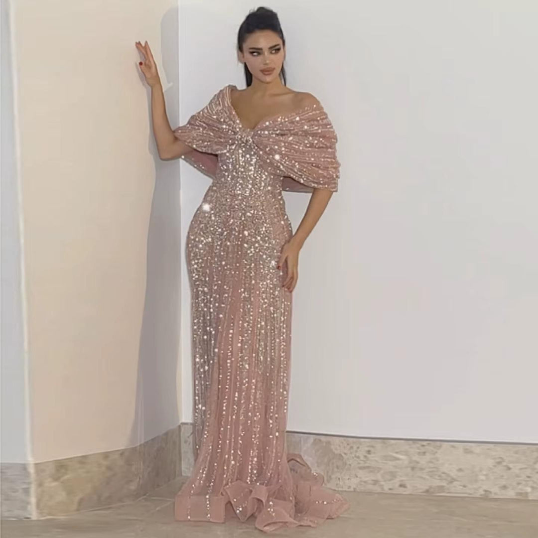Blush Pink Off Shoulder Sparkly Evening Dress SS653 Pink / 6 Blush Pink Off Shoulder Sparkly Evening Dress SS653 Pink / 6