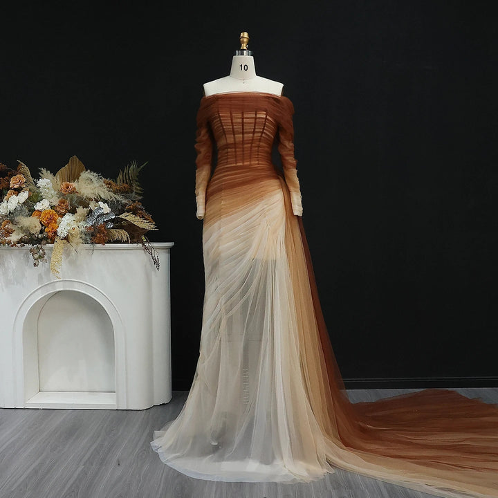 Brown Tulle Off Shoulder Evening Dress with Slit SF232