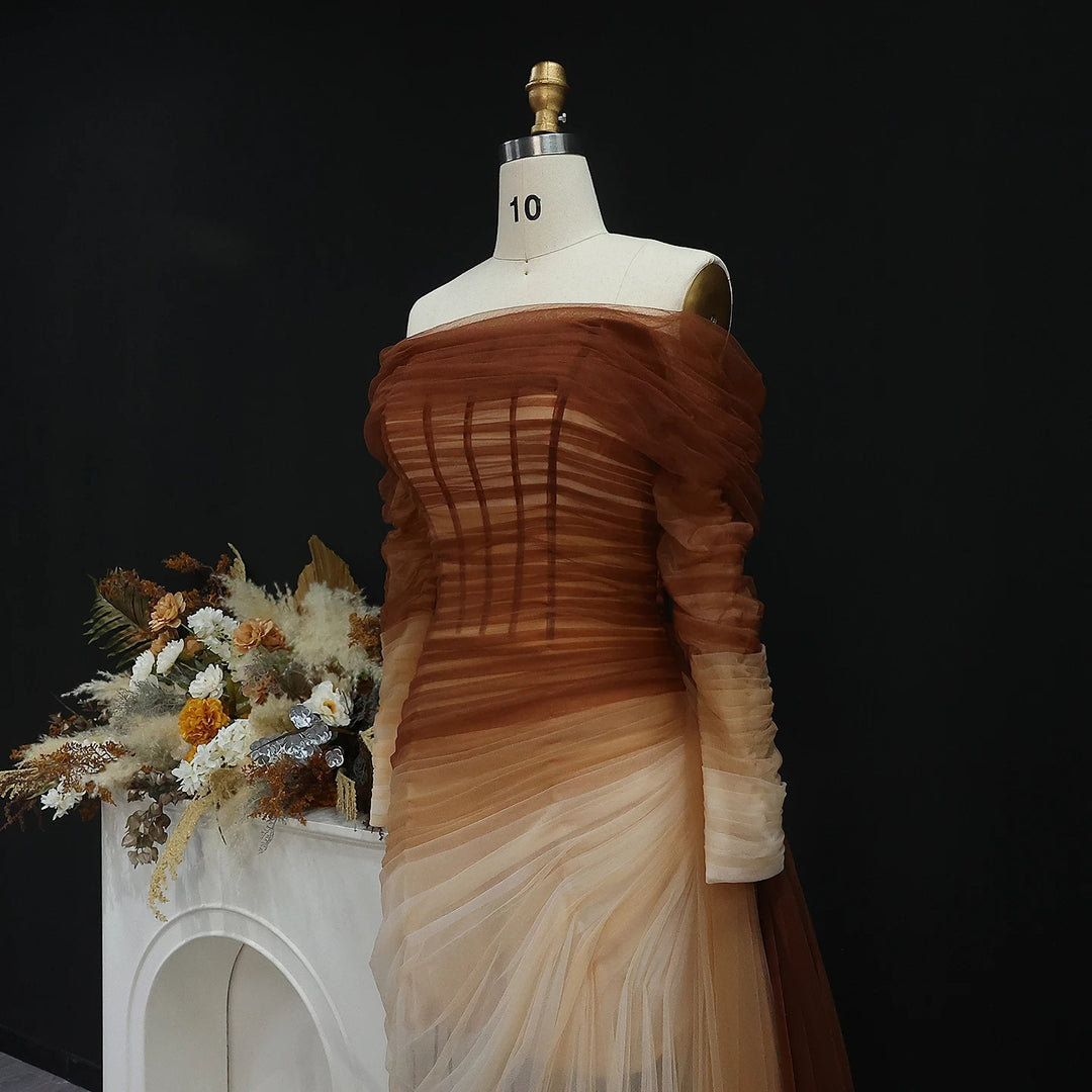 Brown Tulle Off Shoulder Evening Dress with Slit SF232
