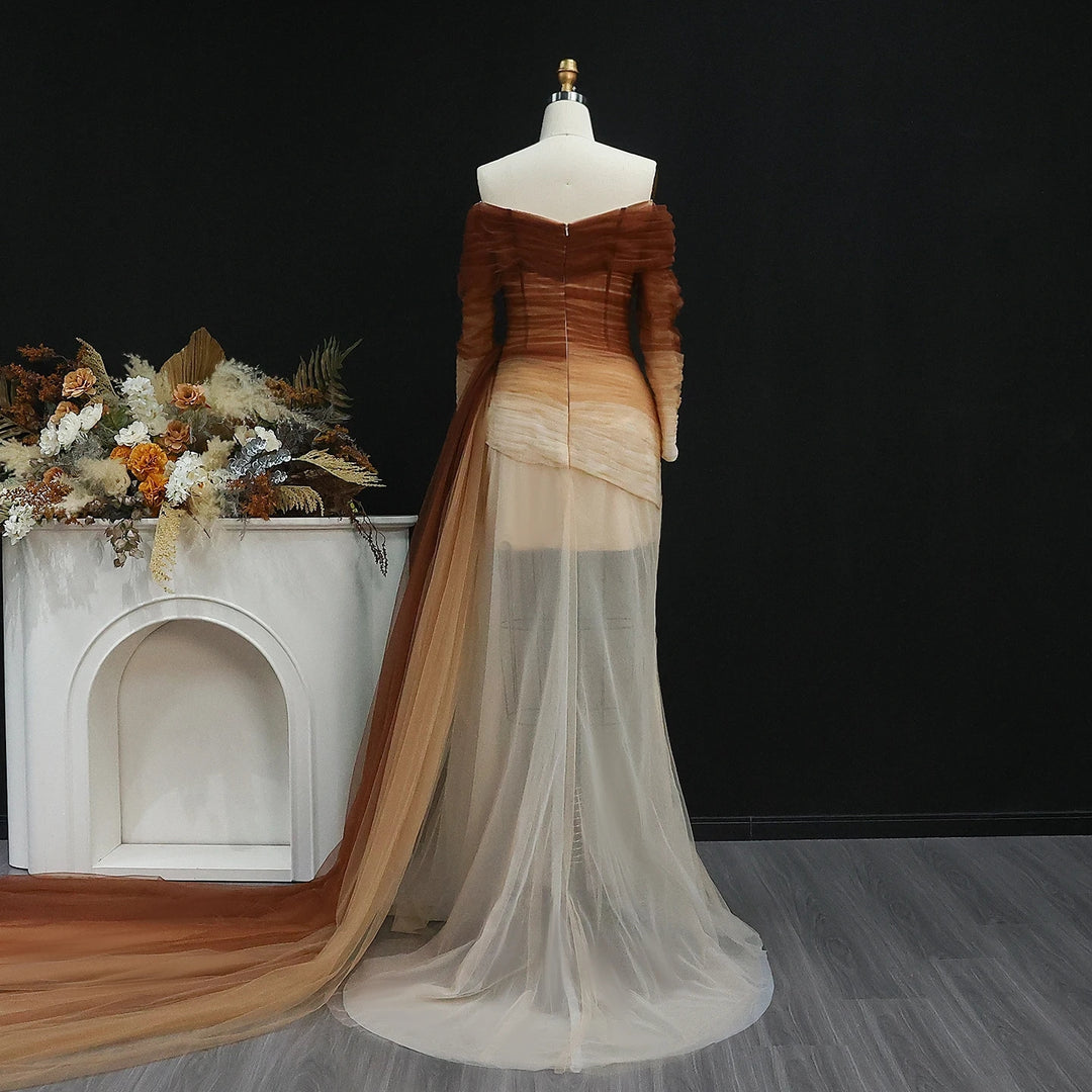 Brown Tulle Off Shoulder Evening Dress with Slit SF232