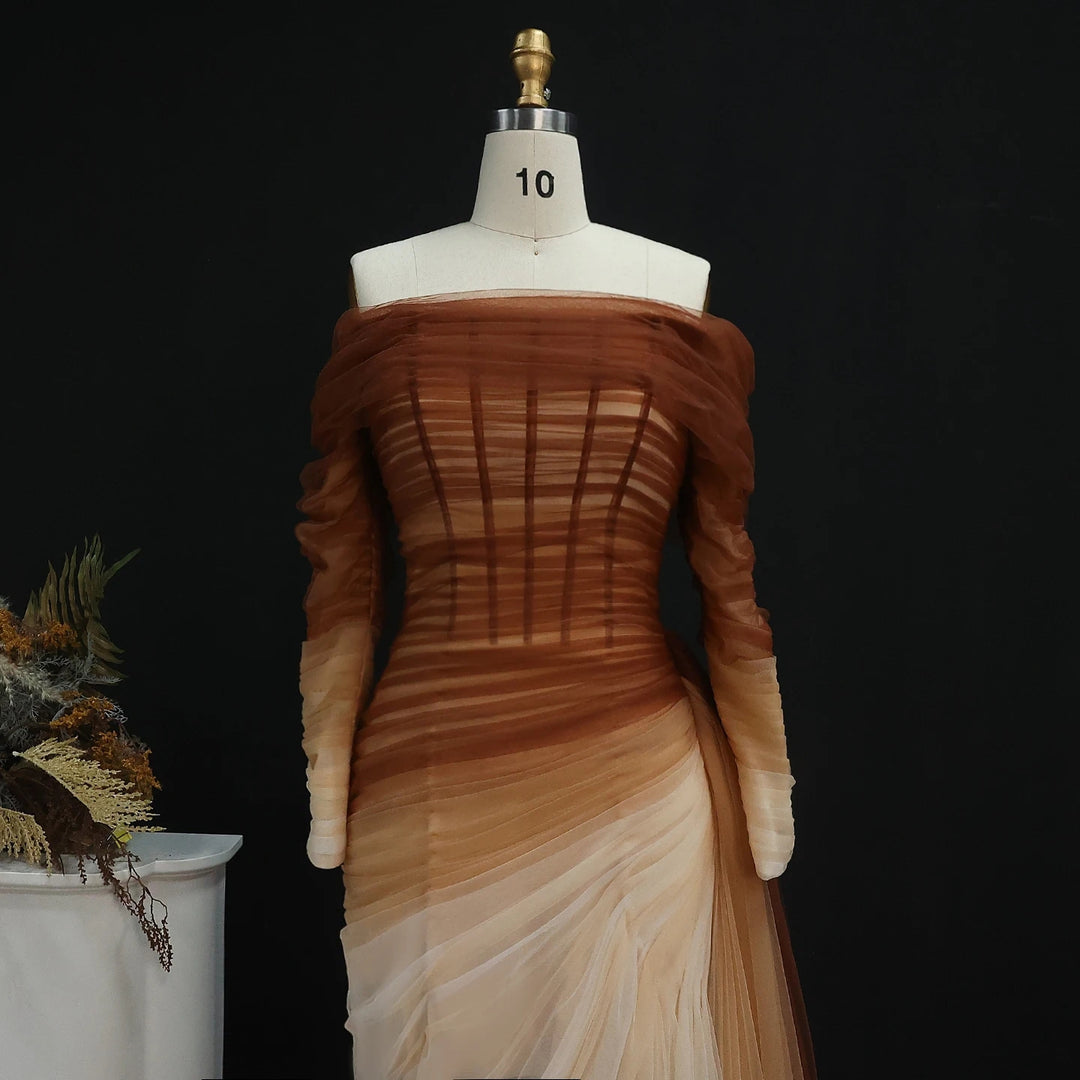 Brown Tulle Off Shoulder Evening Dress with Slit SF232