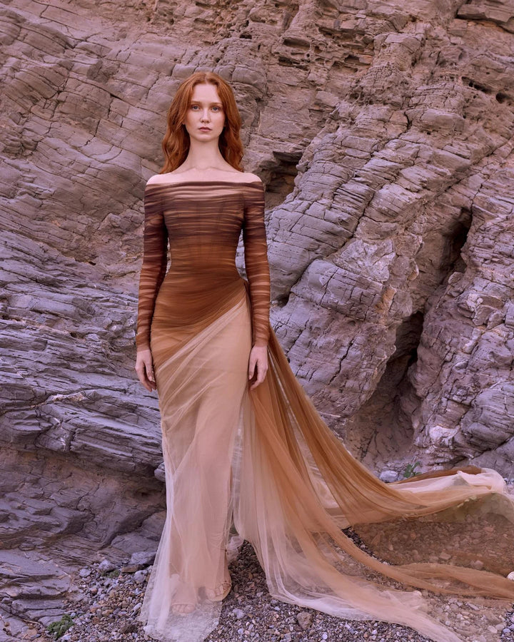 Brown Tulle Off Shoulder Evening Dress with Slit SF232