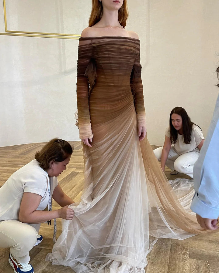 Brown Tulle Off Shoulder Evening Dress with Slit SF232