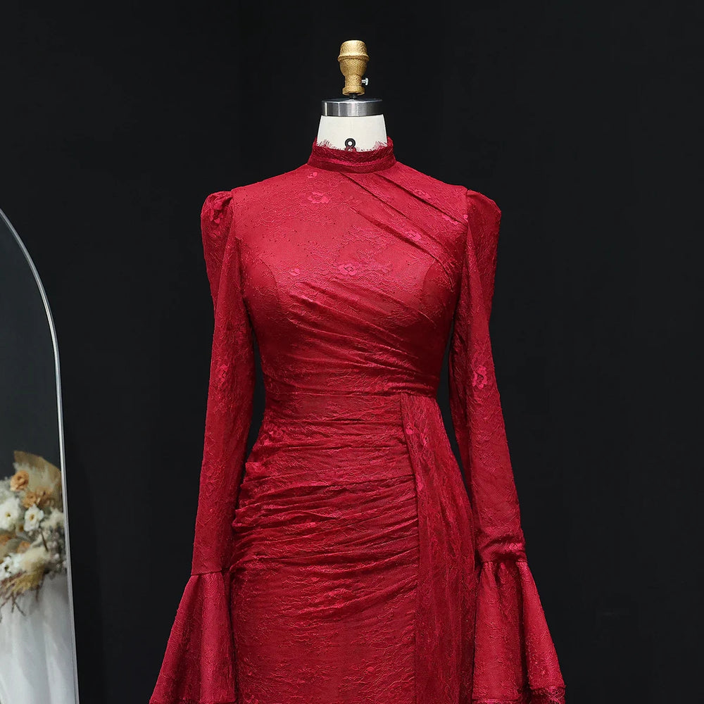 Burgundy Evening Dress with High Neck and Lace Long Flare Sleeves SF484