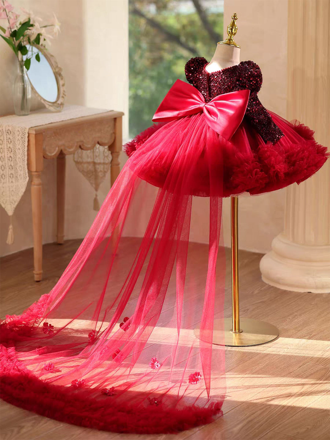 Luxury Black Princess Girl Dress with Train for Birthday Wedding Party J733