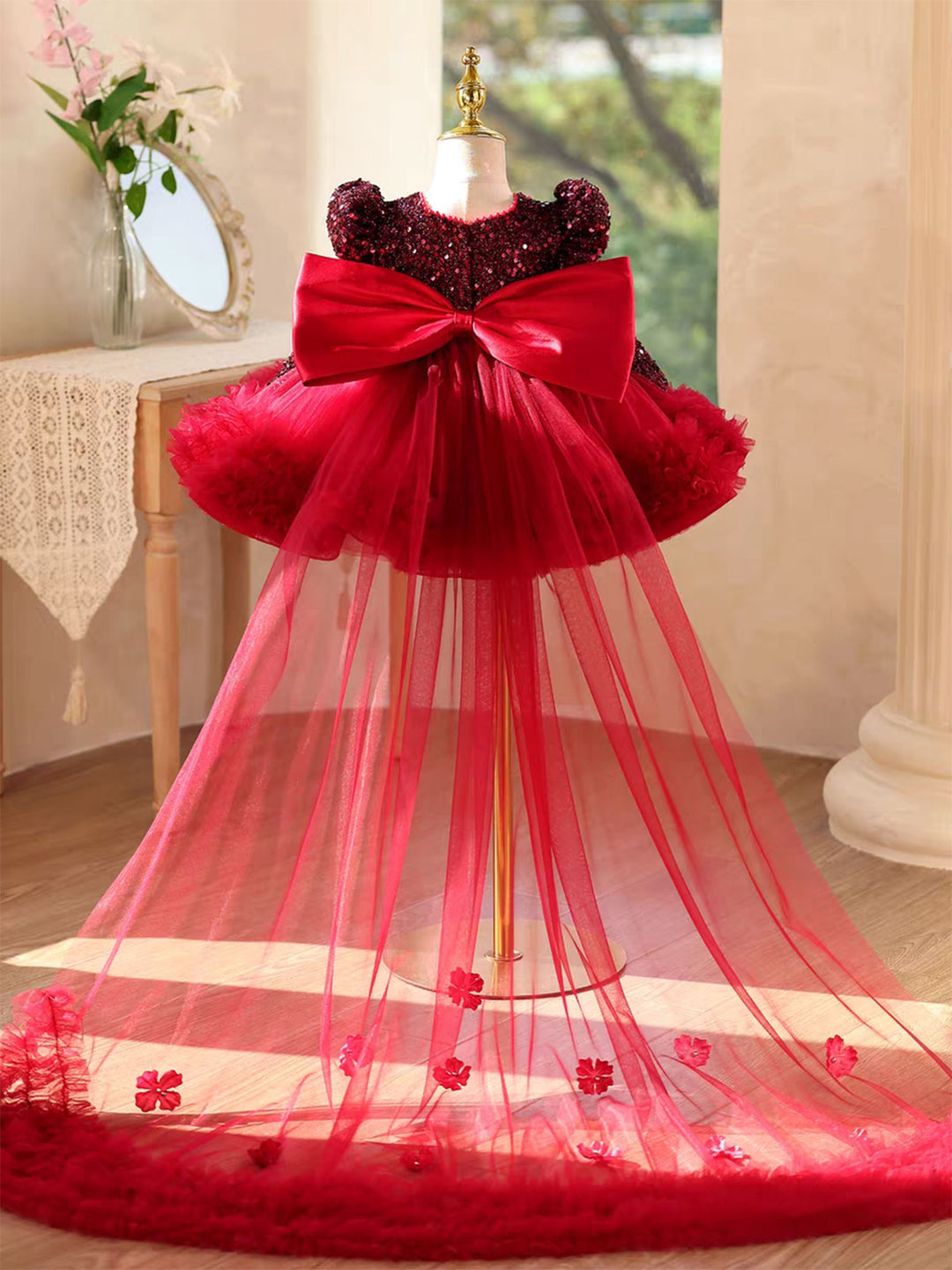 Luxury Black Princess Girl Dress with Train for Birthday Wedding Party J733