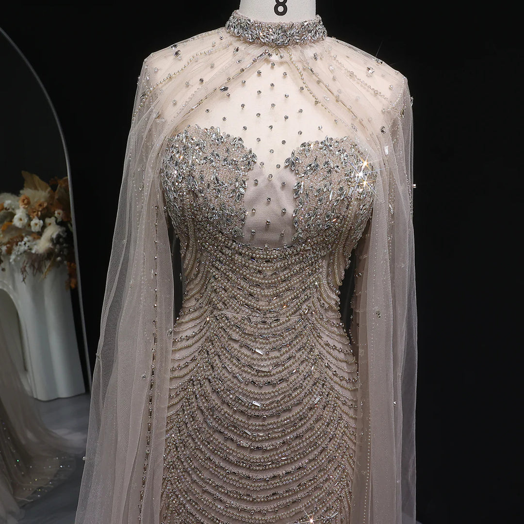 Elegant Beaded Evening Dress with Sheer Cape SS165