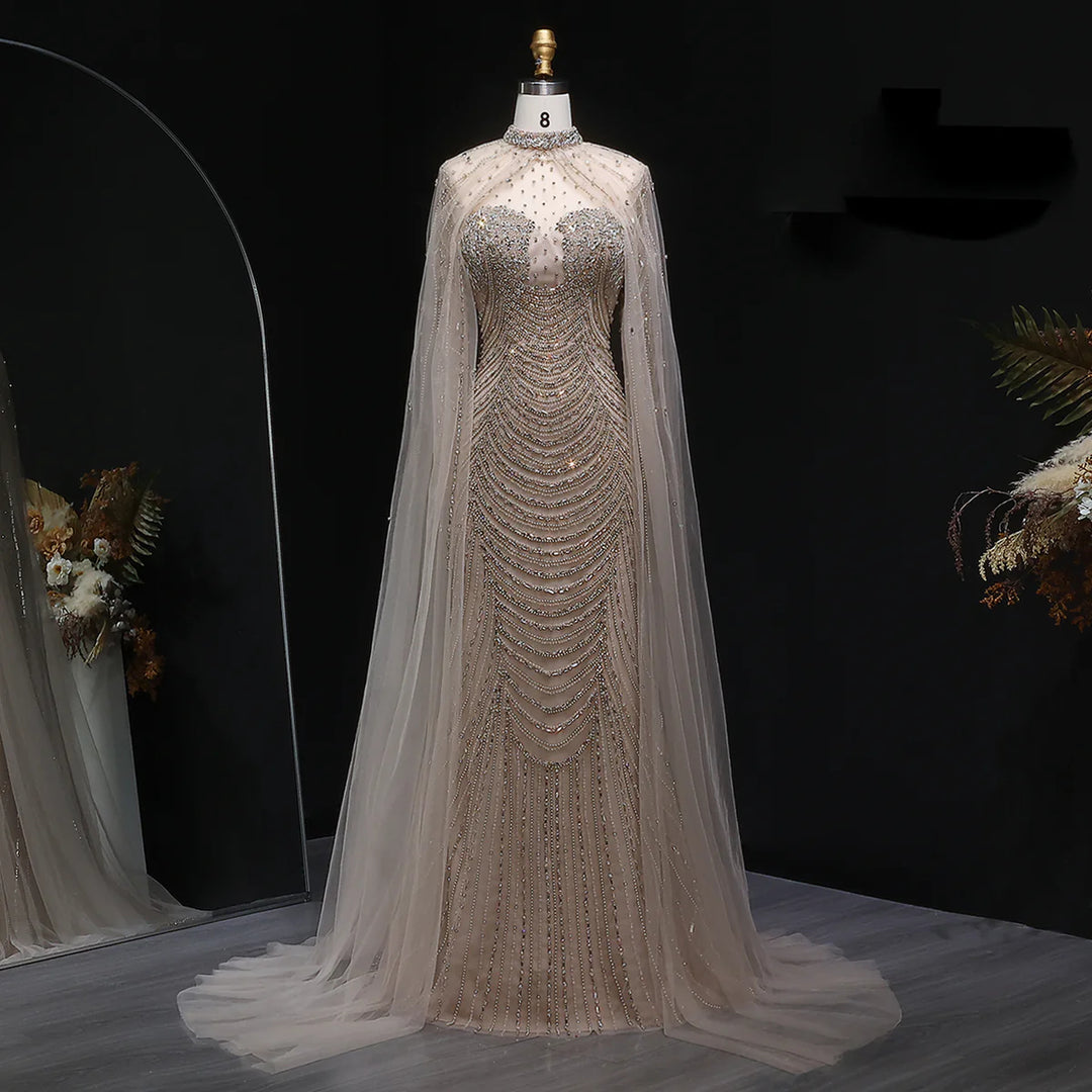 Elegant Beaded Evening Dress with Sheer Cape SS165