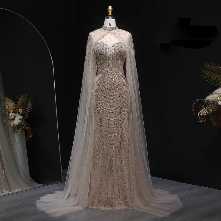 Elegant Beaded Evening Dress with Sheer Cape SS165