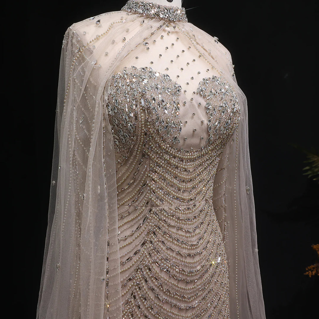 Elegant Beaded Evening Dress with Sheer Cape SS165