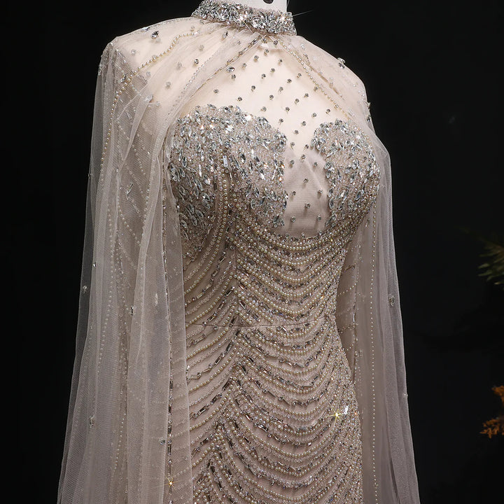 Elegant Beaded Evening Dress with Sheer Cape SS165