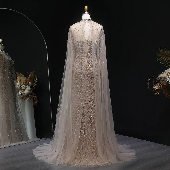 Elegant Beaded Evening Dress with Sheer Cape SS165