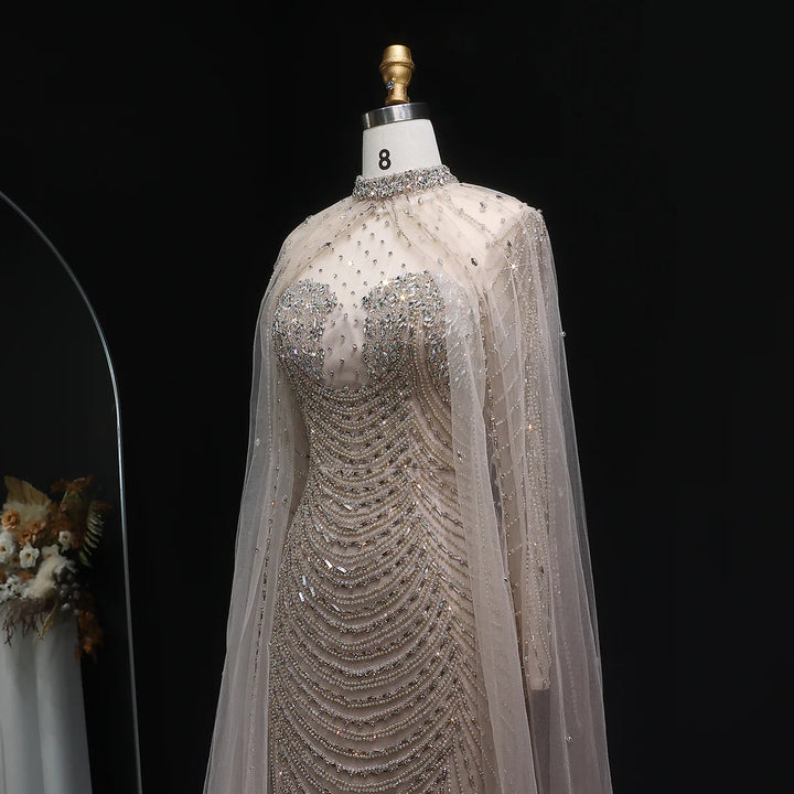 Elegant Beaded Evening Dress with Sheer Cape SS165