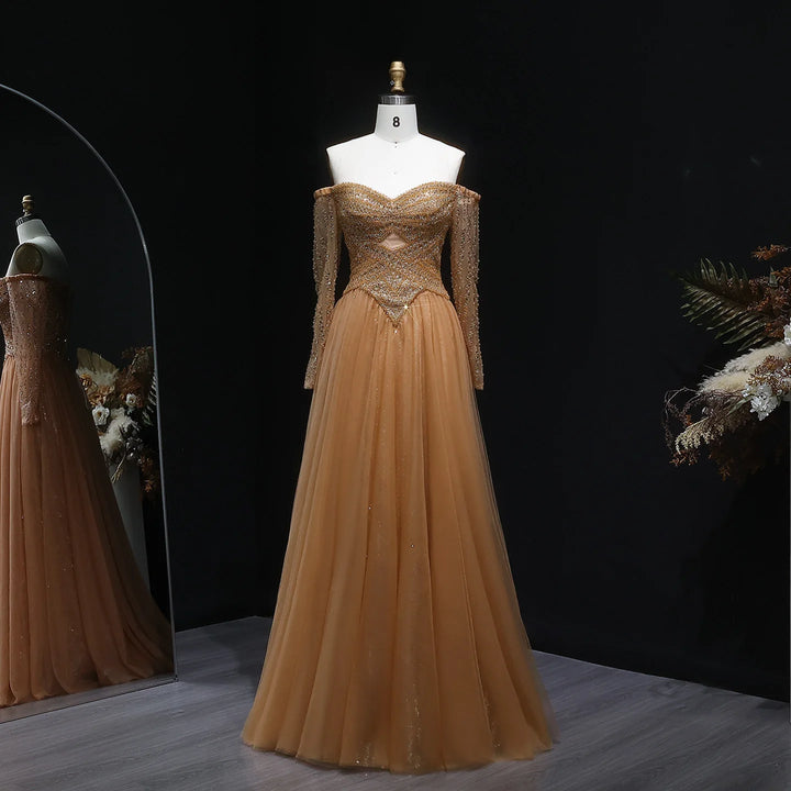 Elegant Champagne Off Shoulder Evening Gown with Arabic Style SS116