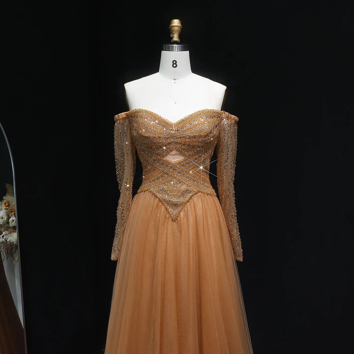 Elegant Champagne Off Shoulder Evening Gown with Arabic Style SS116