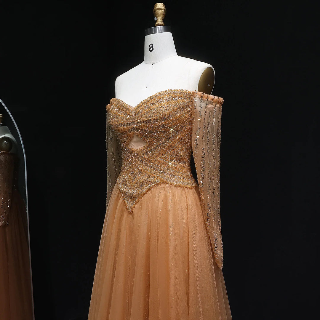 Elegant Champagne Off Shoulder Evening Gown with Arabic Style SS116