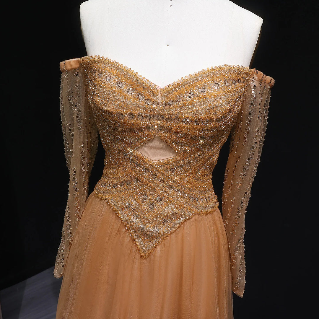 Elegant Champagne Off Shoulder Evening Gown with Arabic Style SS116