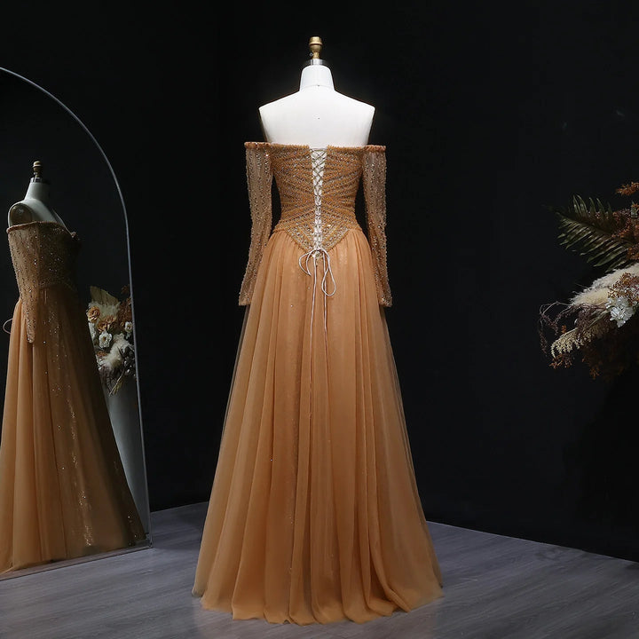 Elegant Champagne Off Shoulder Evening Gown with Arabic Style SS116