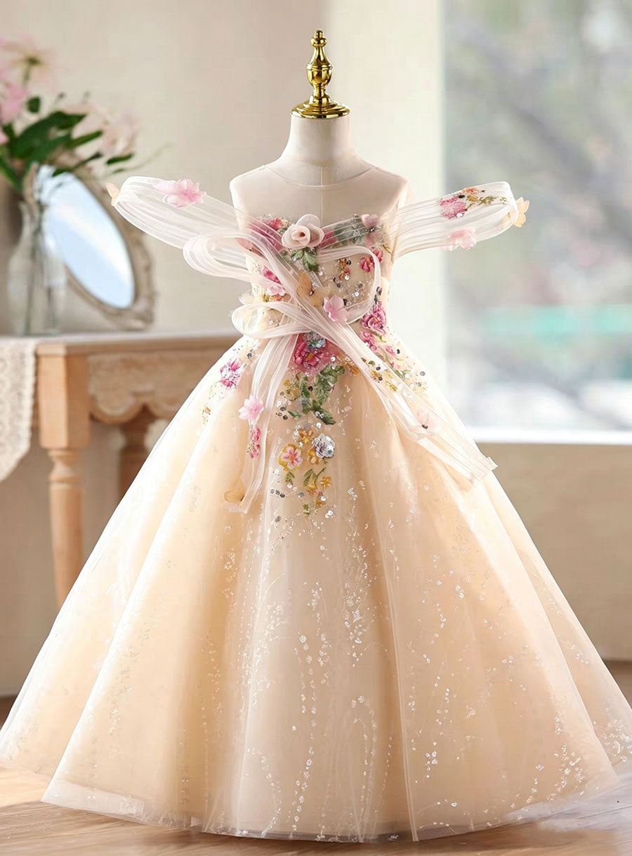 Luxury Champagne Flower Girl Dress with 3D Floral Embroidery and Sparkly Tulle Princess Gown D335 Luxury Champagne Flower Girl Dress with 3D Floral Embroidery and Sparkly Tulle Princess Gown D335