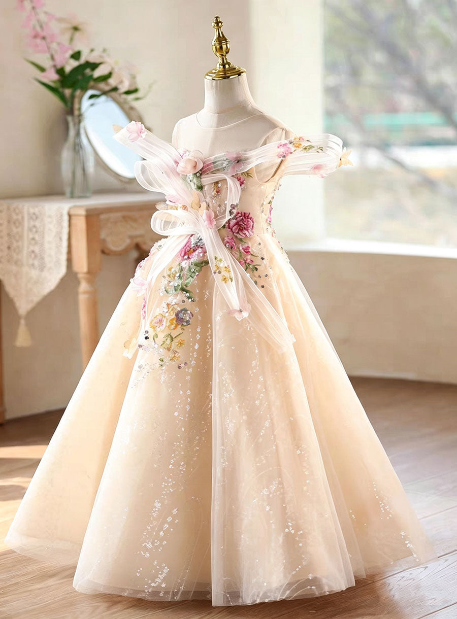 gold champagne flower girl dress Champagne Ruffled Lace Flower Girl Dress with Train Elegant Long Sleeve Flower Girl Dress Plus Size