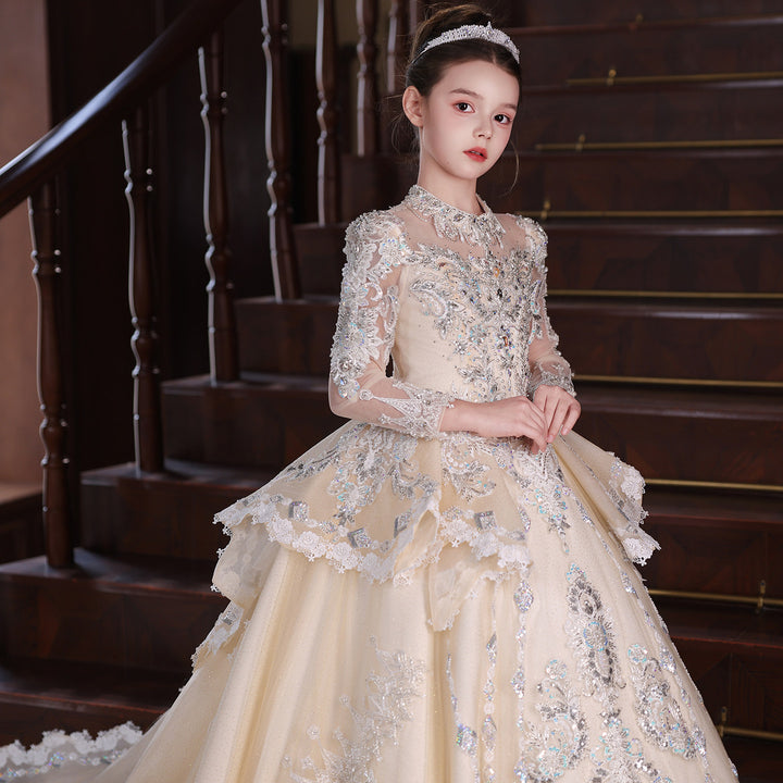 Luxury Champagne Princess Flower Girl Dress Long Sleeve Embroidered Ball Gown with Train J050
