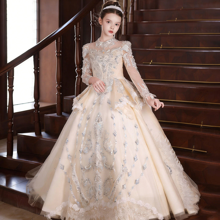 Luxury Champagne Princess Flower Girl Dress Long Sleeve Embroidered Ball Gown with Train J050