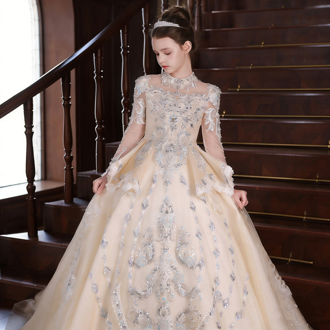 Luxury Champagne Princess Flower Girl Dress Long Sleeve Embroidered Ball Gown with Train J050