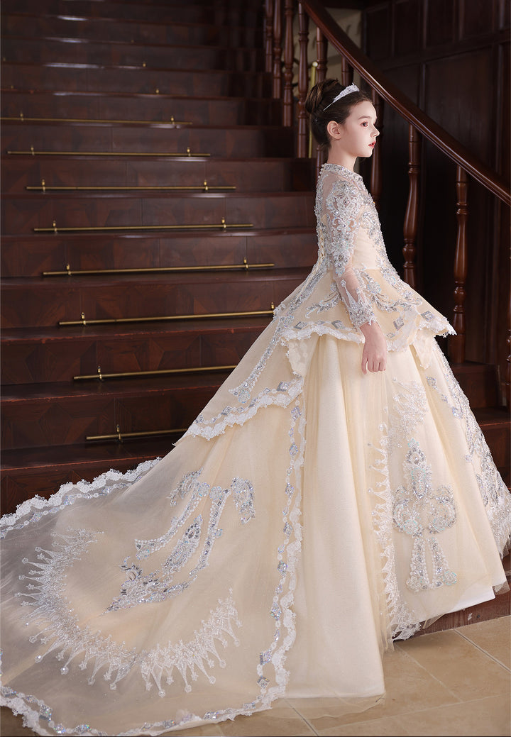 Luxury Champagne Princess Flower Girl Dress Long Sleeve Embroidered Ball Gown with Train J050