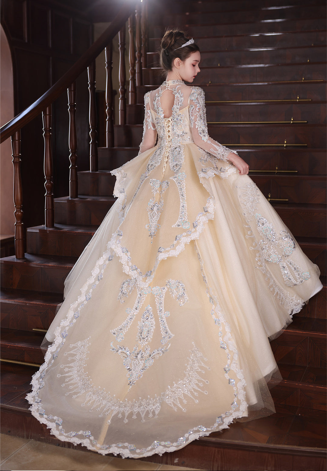 Luxury Champagne Princess Flower Girl Dress Long Sleeve Embroidered Ball Gown with Train J050