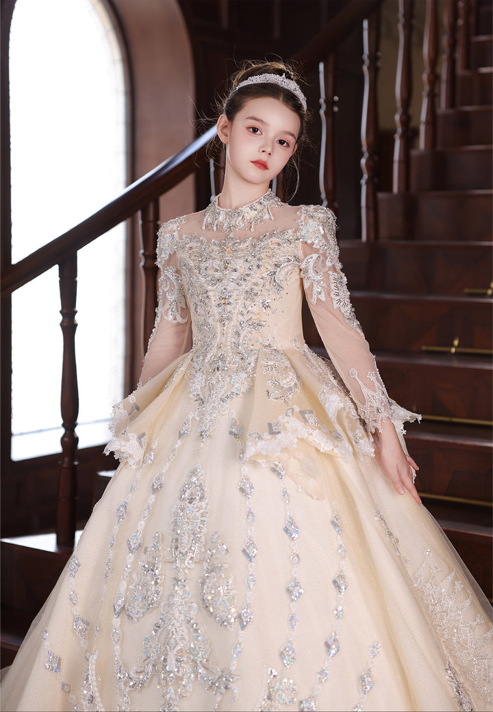 Luxury Champagne Princess Flower Girl Dress Long Sleeve Embroidered Ball Gown with Train J050