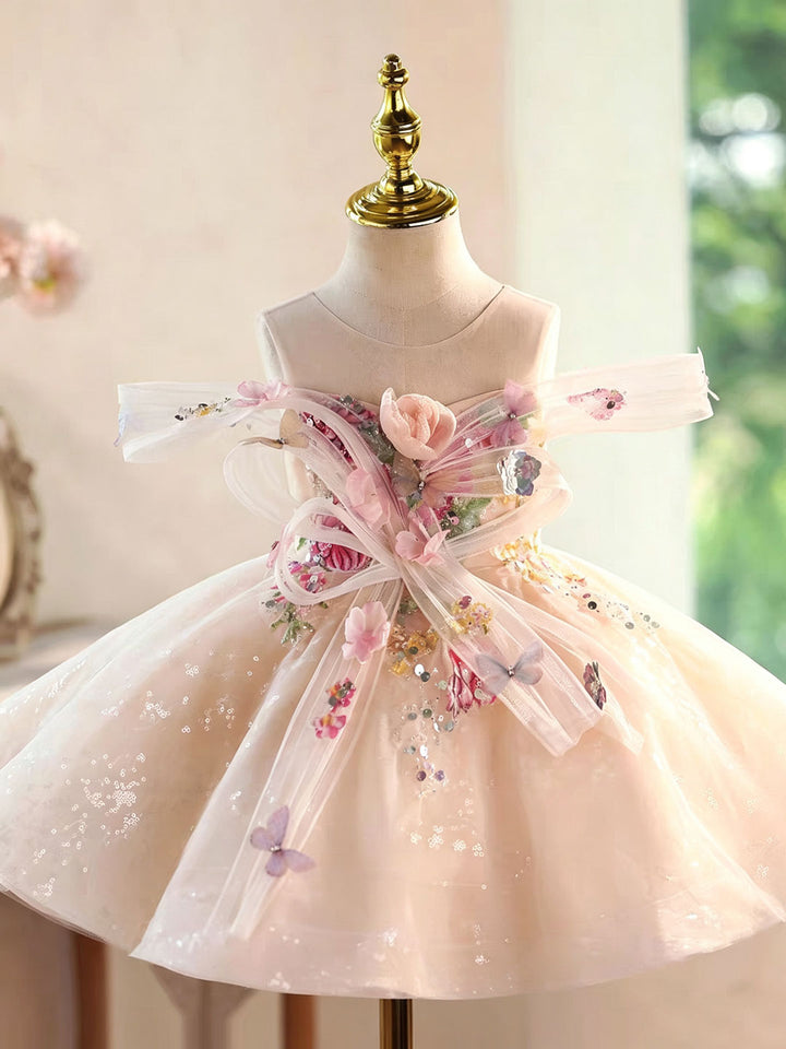 Luxury Champagne Flower Girl Dress with Butterfly Applique Toddler Girls Princess Tulle Party Gown D280
