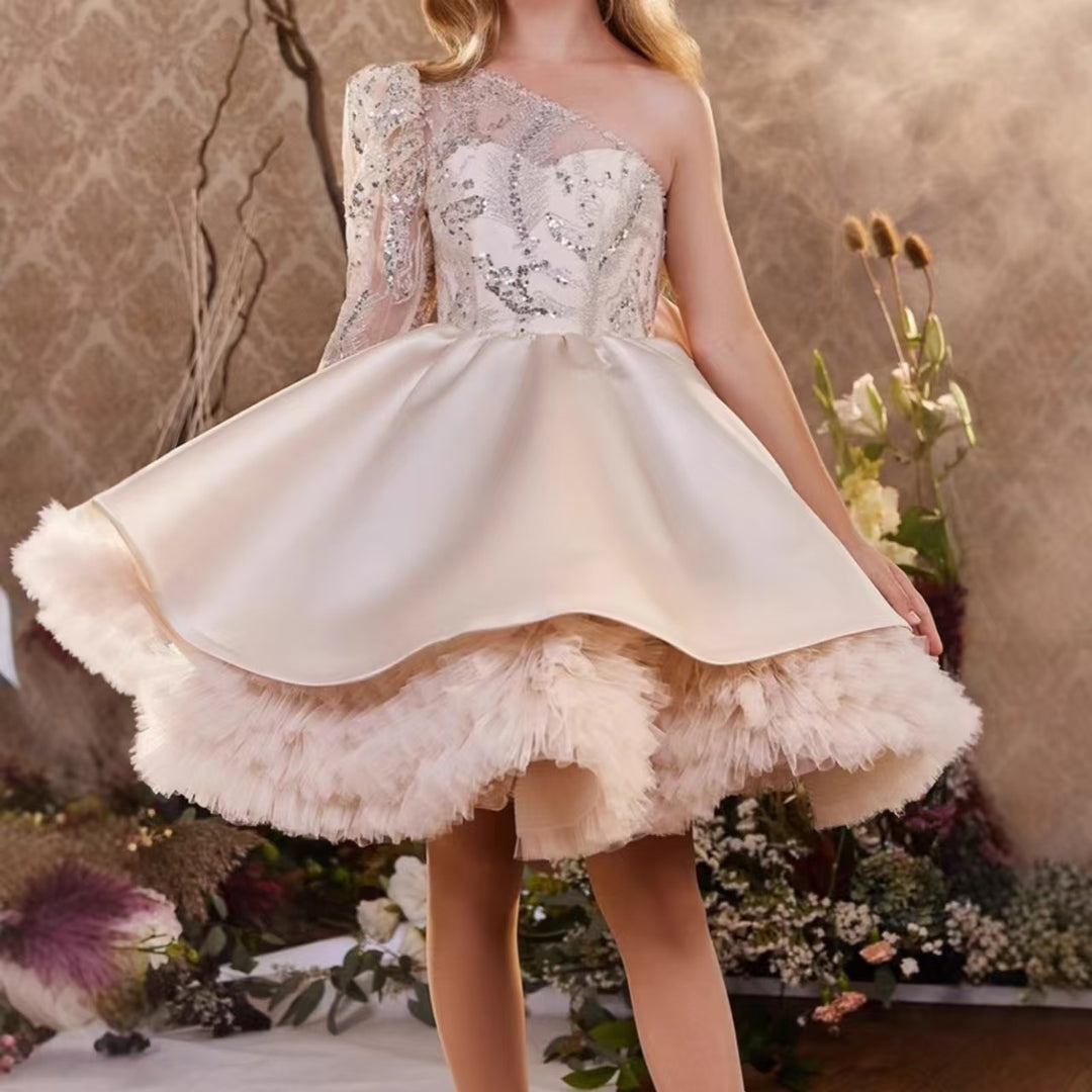 Charming Princess Champagne Flower Girl Dress Birthday Party Outfit D171