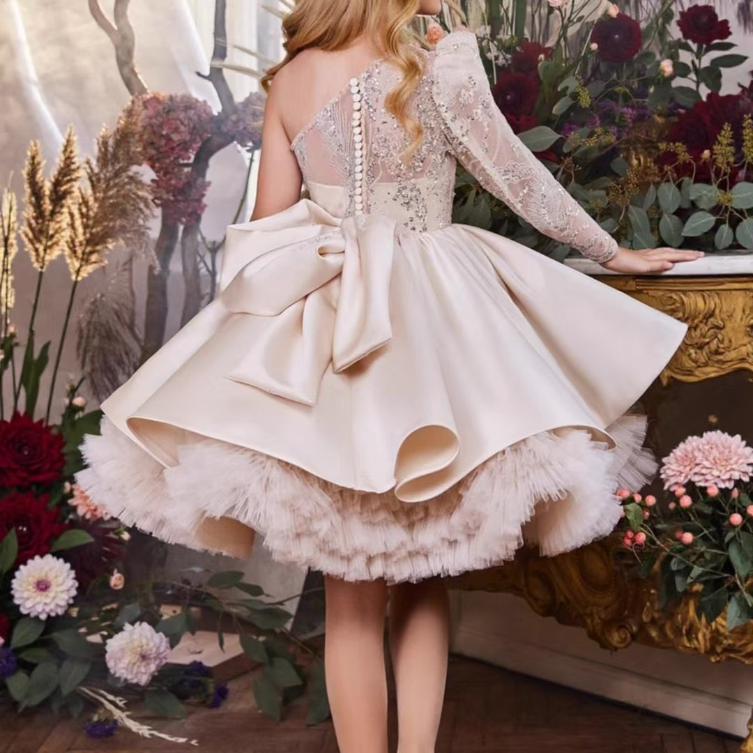 Charming Princess Champagne Flower Girl Dress Birthday Party Outfit D171