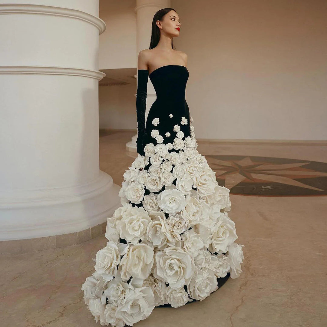 Chic 3D Flowers Black Velvet Mermaid Evening Dresses with Gloves SS748 Chic 3D Flowers Black Velvet Mermaid Evening Dresses with Gloves SS748