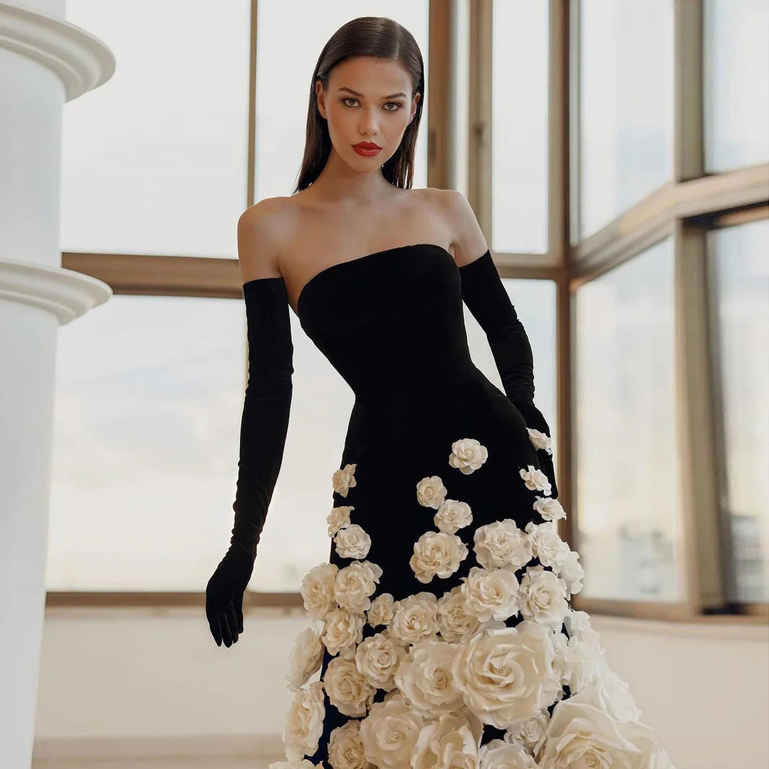 Chic 3D Flowers Black Velvet Mermaid Evening Dresses with Gloves SS748 Chic 3D Flowers Black Velvet Mermaid Evening Dresses with Gloves SS748