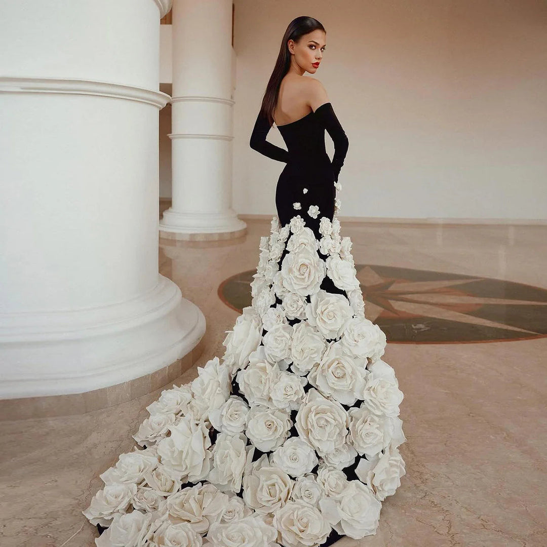 Chic 3D Flowers Black Velvet Mermaid Evening Dresses with Gloves SS748 Chic 3D Flowers Black Velvet Mermaid Evening Dresses with Gloves SS748