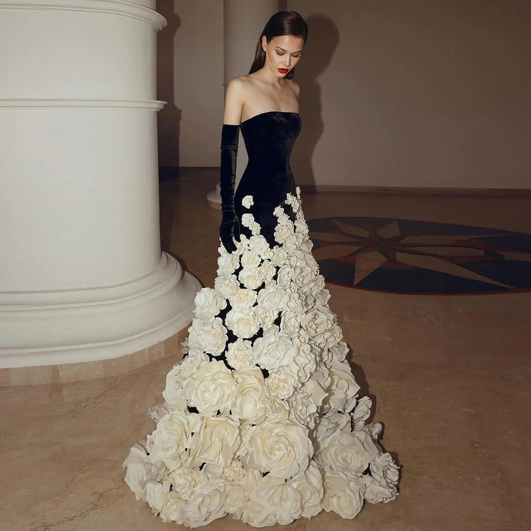 Chic 3D Flowers Black Velvet Mermaid Evening Dresses With Gloves SS748 With Veil / 2 Chic 3D Flowers Black Velvet Mermaid Evening Dresses With Gloves SS748 With Veil / 2