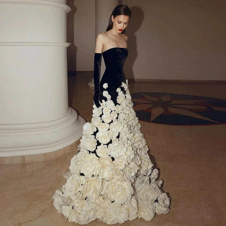 Chic 3D Flowers Black Velvet Mermaid Evening Dresses with Gloves SS748