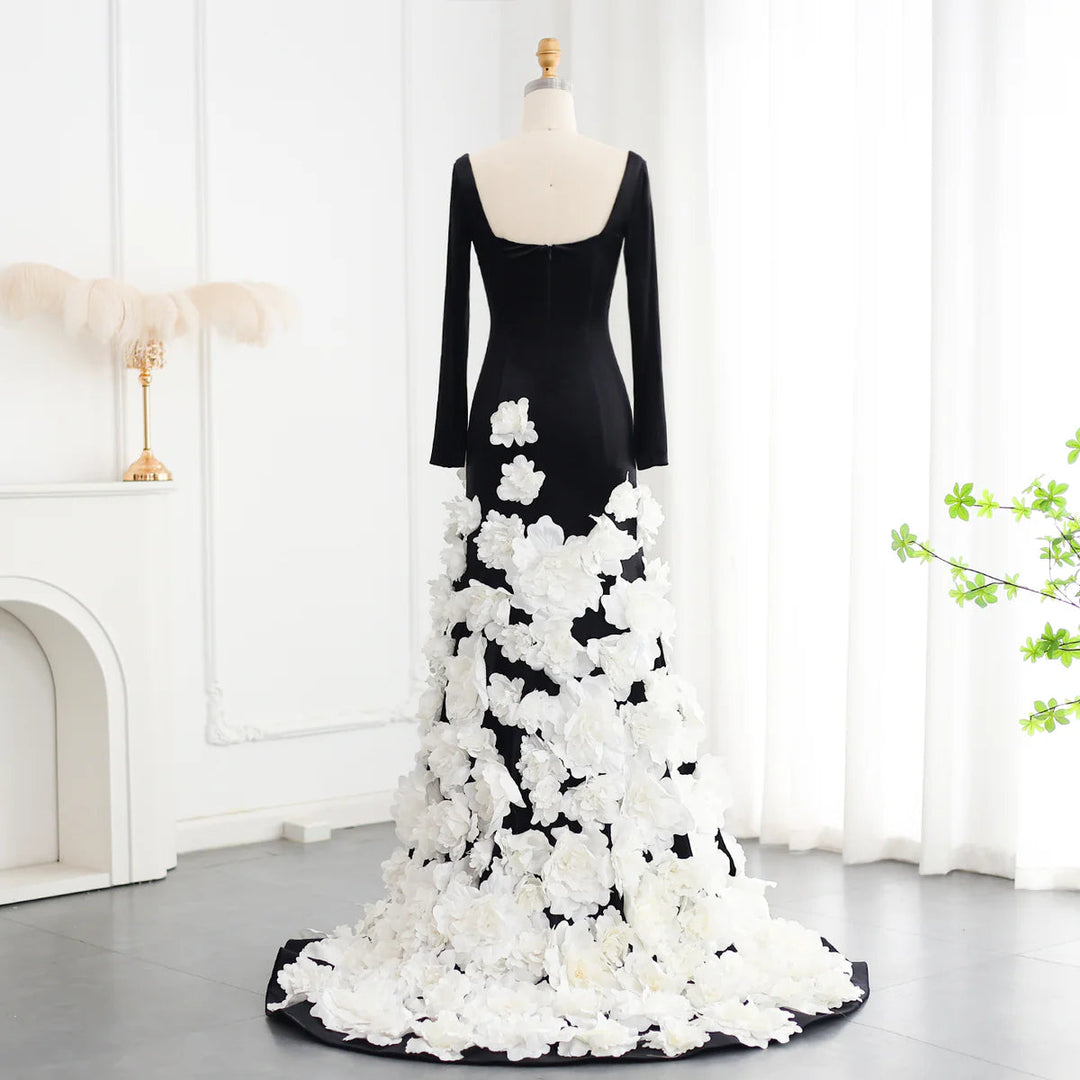 Chic 3D Flowers Black Velvet Mermaid Evening Dresses with Gloves SS748