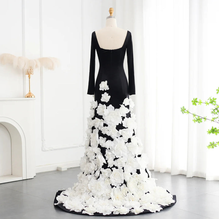 Chic 3D Flowers Black Velvet Mermaid Evening Dresses with Gloves SS748