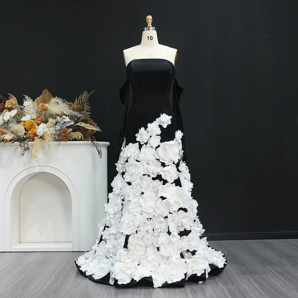 Chic 3D Flowers Black Velvet Mermaid Evening Dresses with Gloves SS748